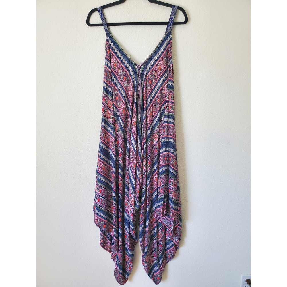 Angie‎ Womens Large Rayon Harem Jumpsuit Boho Paisley Print Blue Festival Hippie - Picture 4 of 7